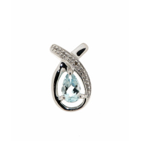 Pendentif Aigue Marine Diamant Or Blanc 375 La pierre centrale est taillée forme poire mesure 6x4mm Elle est maintenue sur...