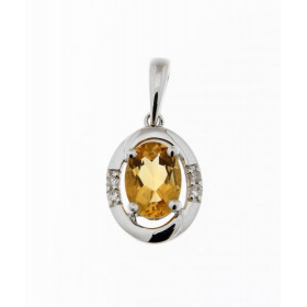 Pendentif Or Blanc 375 Citrine Ovale 7x5mm et Diamant