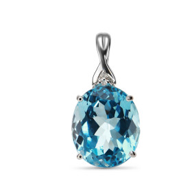 Pendentif Or Blanc 375 Topaze Bleue Ovale 12x10mm et Diamant