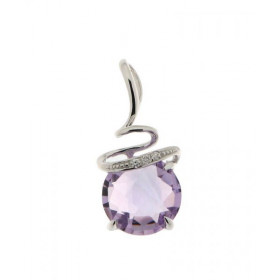 Pendentif Or Blanc 750 serti d une Améthyste trois Diamants Cette Améthyste ronde taille rose mesure 8mm diamètre Elle est...