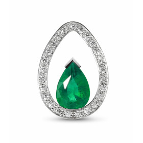  Pendentif Or Blanc 750 serti d une émeraude AAA poire 10x7mm 25 Diamants Poids Emeraude : 1.57 carat Poids total Diamant ...