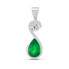  Pendentif Or Blanc 750 serti d une Emeraude AAA  Poire 8.7x5.7mm d un Diamant rond 4mm Poids Emeraude : 1 carat Poids Dia...