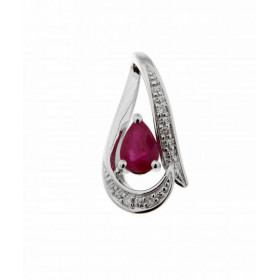 Pendentif Or Blanc 750 serti d un rubis taille poire 6x4mm 4 diamants Dimensions du pendentif : 18 x 9 mm