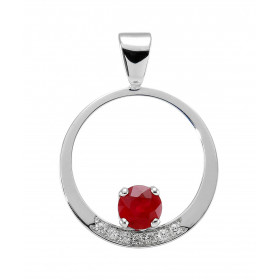 Pendentif en Or blanc 750 serti d'un Rubis rond de 5mm et de 7 diamants de 1,2mm de diamètre. Dimensions du pendentif (bél...