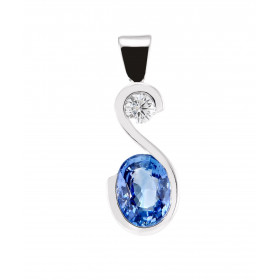 Pendentif Or Blanc 750 Saphir Ceylan Ovale  8x6mm et Diamant