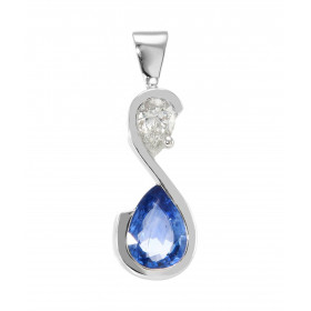 Pendentif Or Blanc 750 Saphir de Ceylan poire 8x6mm et Diamant poire