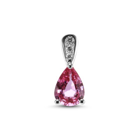  Pendentif Or Blanc 750 serti d un Saphir Rose Poire AAA 8x6mm 3 diamants Poids total diamant : 0,035 carat Poids Saphir :...