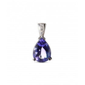 Pendentif en Or Blanc 750 serti d'une Tanzanite Poire de 10x7.6m et de 3 diamants. Poids total diamant : 0,035 carat. Poid...