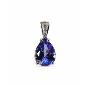 Pendentif en Or Blanc 750 serti d&#39;une Tanzanite Poire de 9x7mm et de 3 diamants. Poids total diamant : 0,03 carat. Poi...