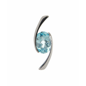 Pendentif Or blanc 750 serti d une topaze bleue ovale 8x6mm (1,50 carat) Dimensions : 19x7mm Serti demi clos Corps croisé