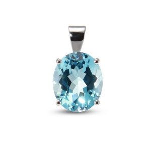 Pendentif Or Blanc Topaze Bleue. Pierre ovale de 12x10mm (6 carats). Dimensions du pendentif : 17x10mm