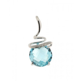 Pendentif Or Blanc 750 serti d une Topaze Bleue Traitée trois Diamants Cette Topaze ronde taille rose mesure 8mm diamètre ...