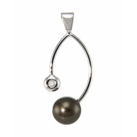 Pendentif Or Blanc Perle de Tahiti et Diamant. Perle ronde de 8mm de diamètre. Dimensions du pendentif : 39x12mm. Poids Di...