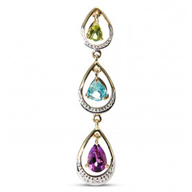 Pendentif Or Jaune 375 pierres fines Ce pendentif est serti d une améthyste poire 6x4mm, d une topaze bleue 5x3mm, d un pé...
