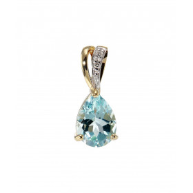 Pendentif Or Jaune 375 Topaze bleue traitée poire 8x6mm et diamant