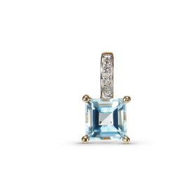 Pendentif en Or jaune 375 serti d'une topaze bleue traitée carrée de 6x6mm et de 5 diamants. Dimensions du pendentif (béli...