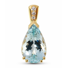  Pendentif Or Jaune 750 serti d une Aigue Marine Poire 16x10mm qualité AAA 3 diamants Poids total diamant : 0,06 carat Poi...