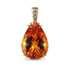 Pendentif en Or Jaune 750 serti d&#39;une Citrine Poire AAA de 24x17mm (26.8 carats) et de 3 Diamants pour un poids total ...