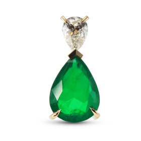 Pendentif en Or Jaune 750 serti d&#39;une Émeraude Poire et d&#39;un Diamant Poire. Poids Émeraude : 2.47 carats. Qualité ...