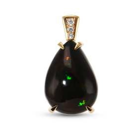 Pendentif Or Jaune 750  Opale Noire Poire 18x12mm et Diamants
