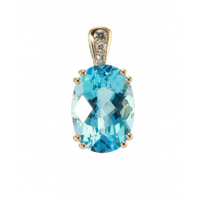 Pendentif en Or Jaune 750 serti d'une Topaze bleue Ovale de 14x10mm et de diamants. Bélière sertie de 3 diamants pour un p...