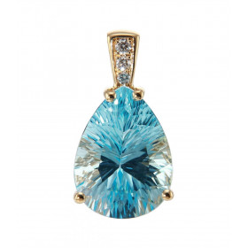 Pendentif en Or Jaune 750 serti d&#39;une Topaze Bleue Poire de 16x12mm et de 3 diamants. Poids total diamant : 0,075 cara...