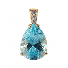 Pendentif Or Jaune 750  Topaze Bleue Poire de 16x12mm et de 3 diamants