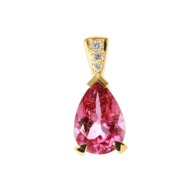 Pendentif en Or Jaune 750 serti d'une Tourmaline Rose Poire de 10x7mm et de 3 diamants. Poids total diamant : 0,035 carat....