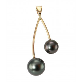 Pendentif Or Jaune et Perles de Tahiti. Perles rondes de 8,5mm et 10mm de diamètre (Qualité A). Dimensions : 40 x 20 mm