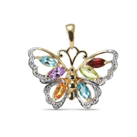  Pendentif Papillon Or Jaune 375 Pierres fines Diamant Motif papillon serti des pierres fines formes navettes 12 diamants ...