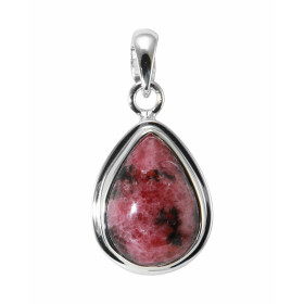 Pendentif Argent Rhodonite serti d'une pierre en forme de poire de 18x13mm, hauteur totale : 30mm