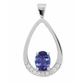 Pendentif en Or Blanc serti d&#39;une Tanzanite ovale de 8x6mm (1,2 carat). L&#39;entourage en forme de poire est orné de ...