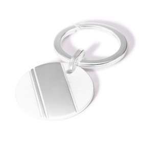 Porte-clé argent composé d une plaque ronde 30mm diamètre 3 rainures les côtés argent satiné Anneau 31mm diamètre