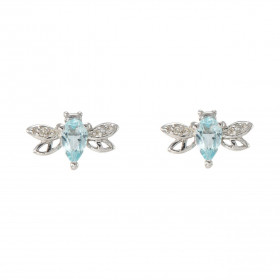 Boucles d oreilles Abeilles Or Blanc 375 Topaze bleue traitée Diamant Motifs forme d abeilles Chaque boucle est sertie d u...