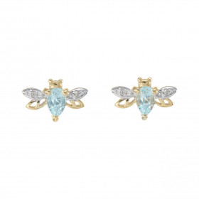 Puces d'oreilles Abeilles Or Jaune 375 Topaze bleue traitée et Diamant