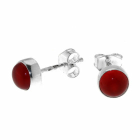 Boucles d'oreilles Argent 925 et Cornaline serties de pierres rondes taille cabochon de 6mm de diamètre. 