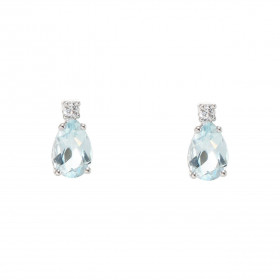 Puces d'oreilles Or Blanc 750 Topaze bleue traitée Poire 6x4mm et Oxyde de zirconium