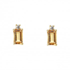 Puces d'oreilles Or Jaune 750 Citrine Rectangulaire 5x3mm et Oxyde de zirconium. Chaque boucle est sertie d'une pierre rec...