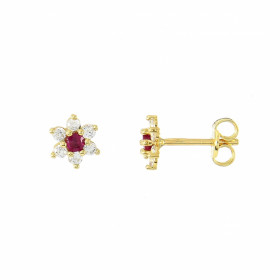 Puces d oreilles Or Jaune 750 Rubis rond oxydes Motif formant une fleur Dimensions d une boucle vue face :5,5x5,5mm Systèm...
