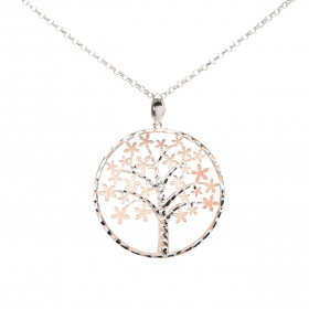 Sautoir argent rhodié composé d un arbre vie dans un cercle 35mm diamètre Feuilles forme fleur argent flashé or rose satin...