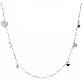 Sautoir argent rhodié composé 4 breloques étoiles 10x10mm, 3 breloques petits coeurs 6x6mm, 2 breloques coeurs 13x13mm don...