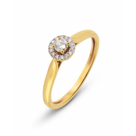 Solitaire Diamant Or Jaune 750. Bague en Or Jaune 750 sertie d'un diamant de 3.2mm (0.10 carat) et de 14 diamants de 1mm d...