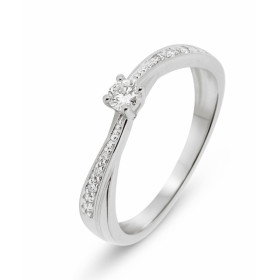  Solitaire Or Blanc 750 Diamants La pierre centrale mesure 2,9mm diamètre est pèse 0,12 carat L entourage est composé 6 di...