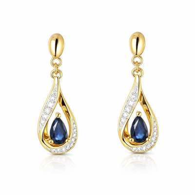 Boucles d'oreilles Pendantes Or Jaune 750 Saphir poire de 5x3mm et Diamants