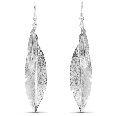 Boucles d'oreilles Pendantes Plumes en Argent Brossé