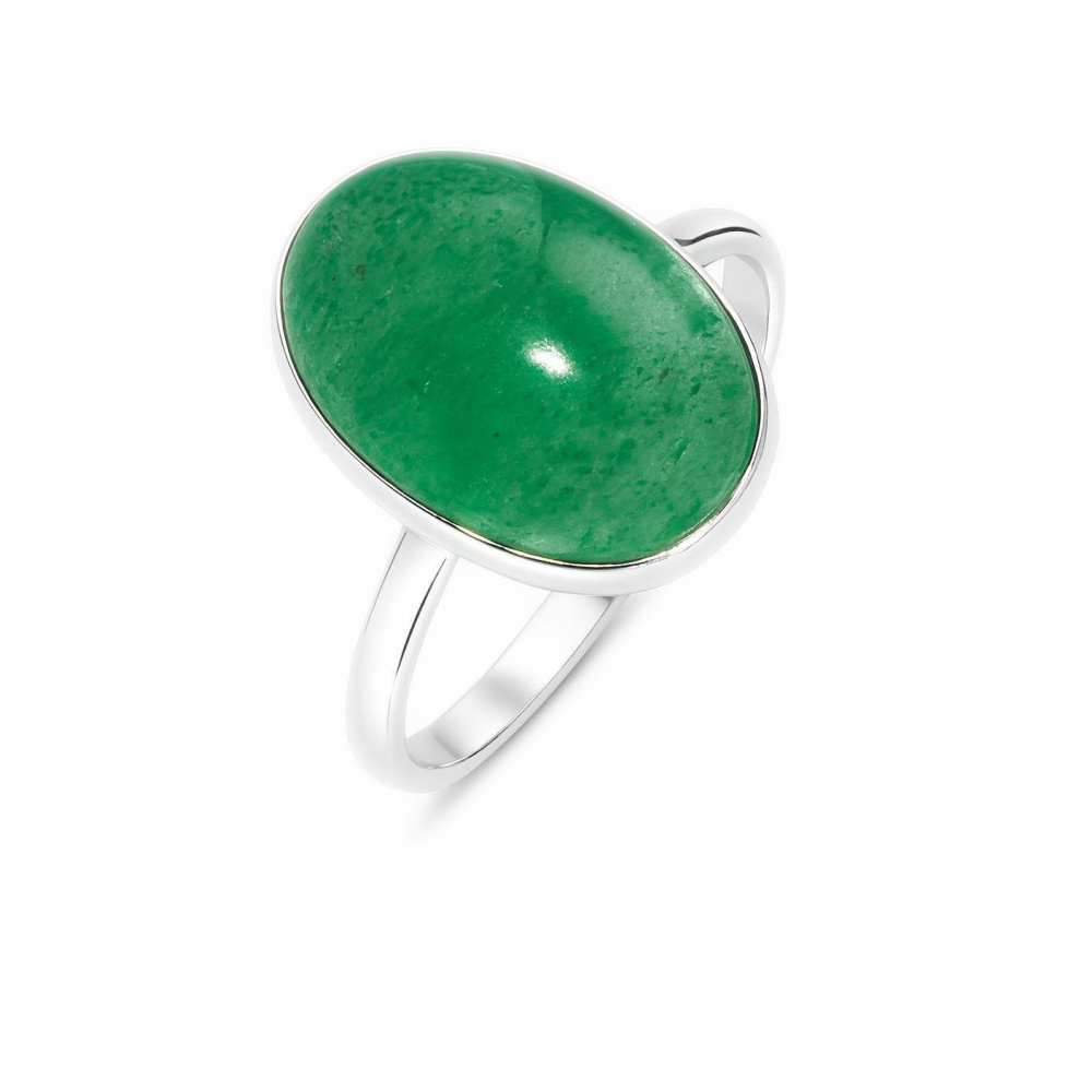 Bague En Argent Massif Avec Cabochon D'agate Verte Ovale - Taille 50, Occasion, Bijou Vintage