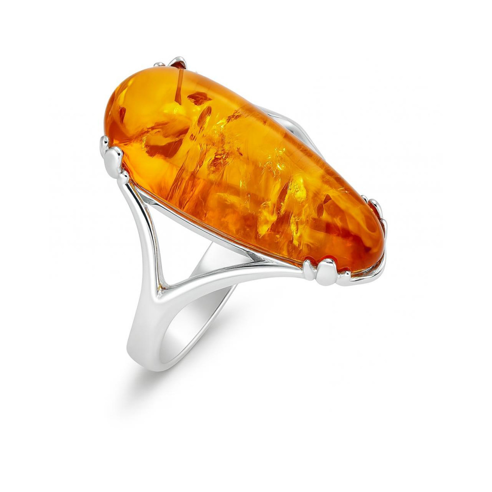 Bague Argent Et Ambre Taille 54 - Bijou Occasion Ovale Sertie