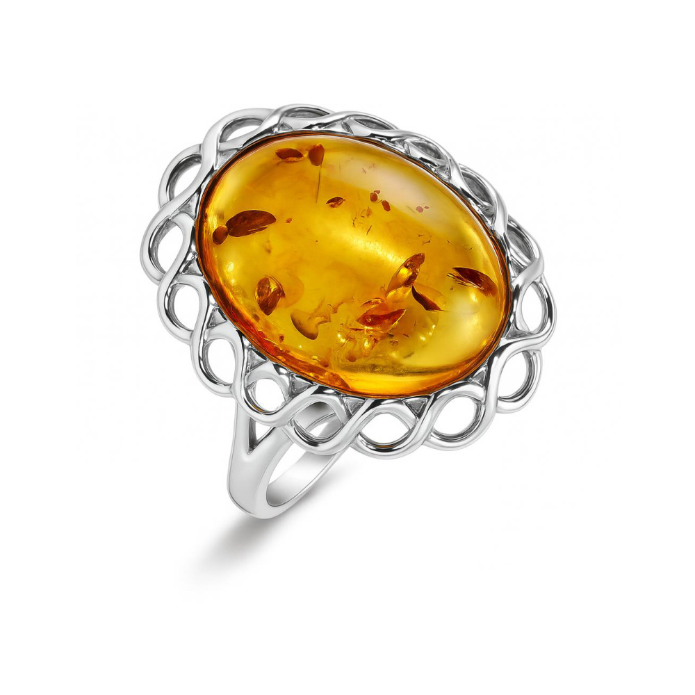 Bague En Argent Et Ambre - Taille 54 - Occasion En Bon état - Pierre Ovale Ambrée