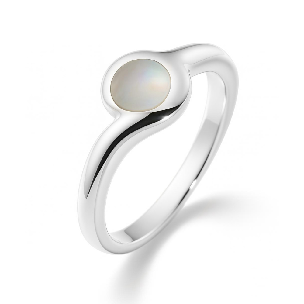 Bague Ajustable Argentée Et Nacre Vintage - Taille Grande (60-61) - Forme Cuillère - Plaqué Argent 925