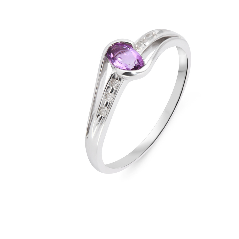 Bague Plaque Or Blanc Avec Améthyste 4x2,5 Mm Et Zircons 1,5 Mm - Très Belle - Neuve Sans Emballage